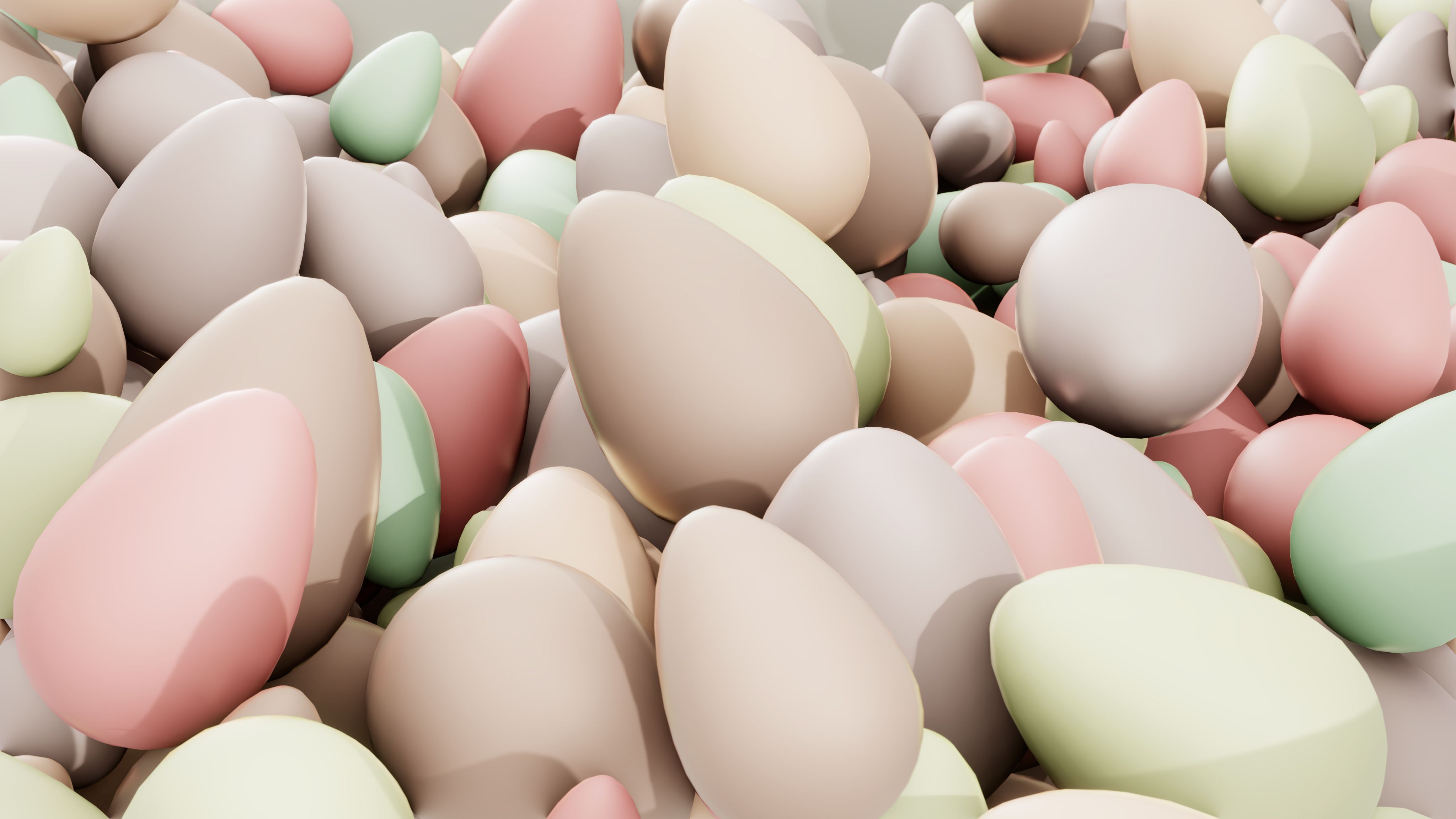 A vibrant collection of pastel-colored eggs in a 3D rendering, perfect for Easter themes.