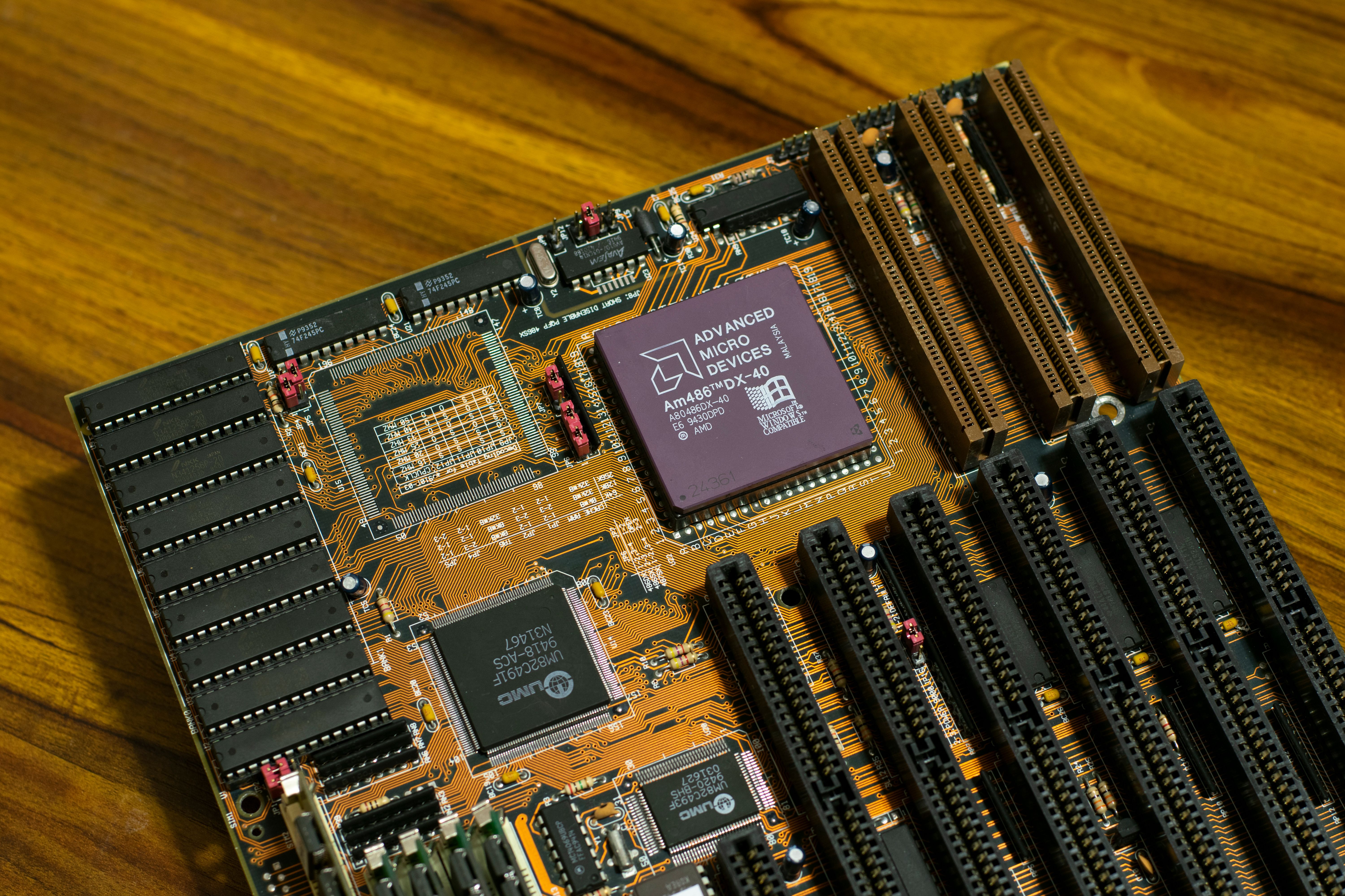 Close-up of a vintage AMD motherboard featuring the AM486 DX processor, showcasing retro computing technology.