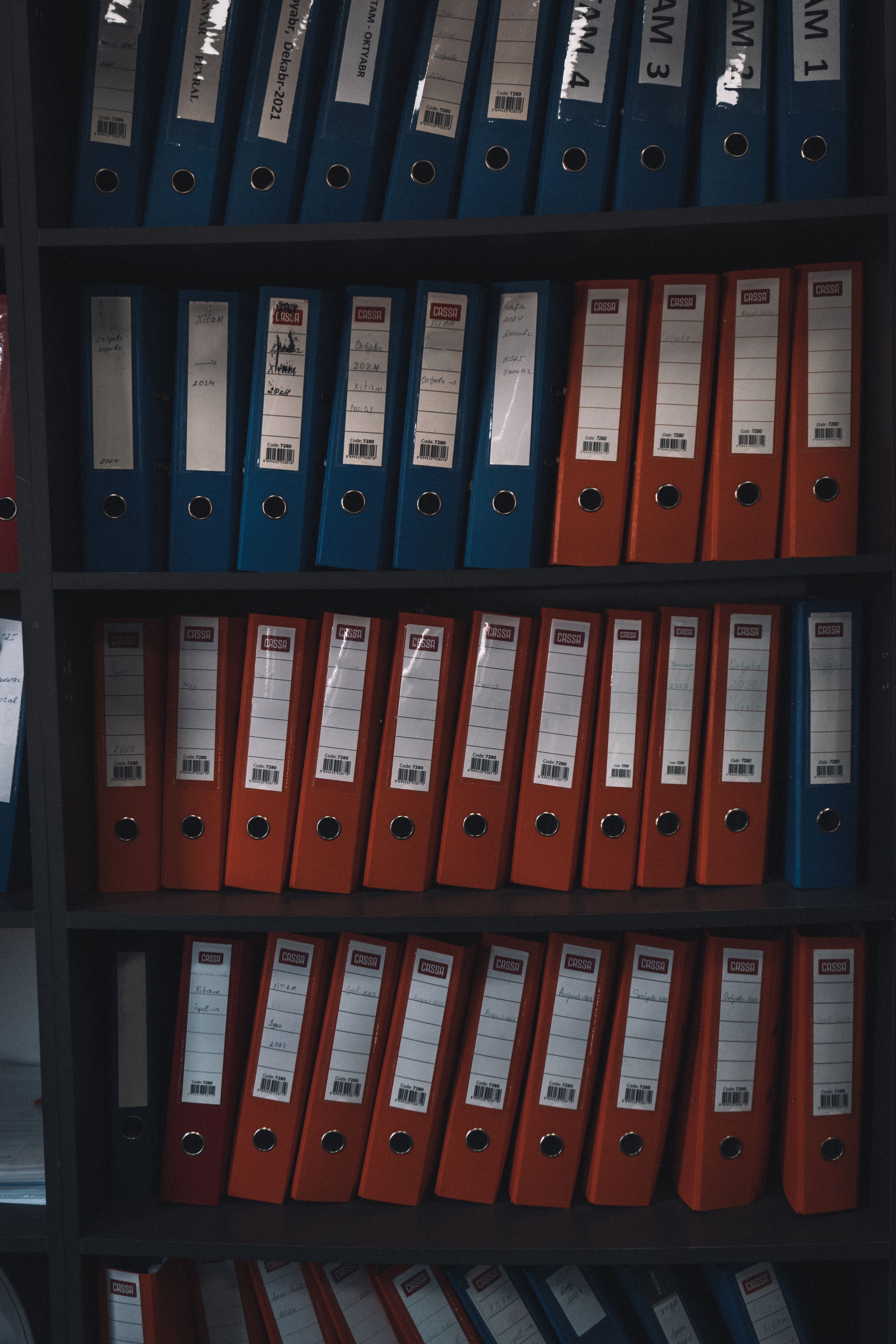 Rows of organized red and blue office files in a dimly lit shelf, showcasing document storage.