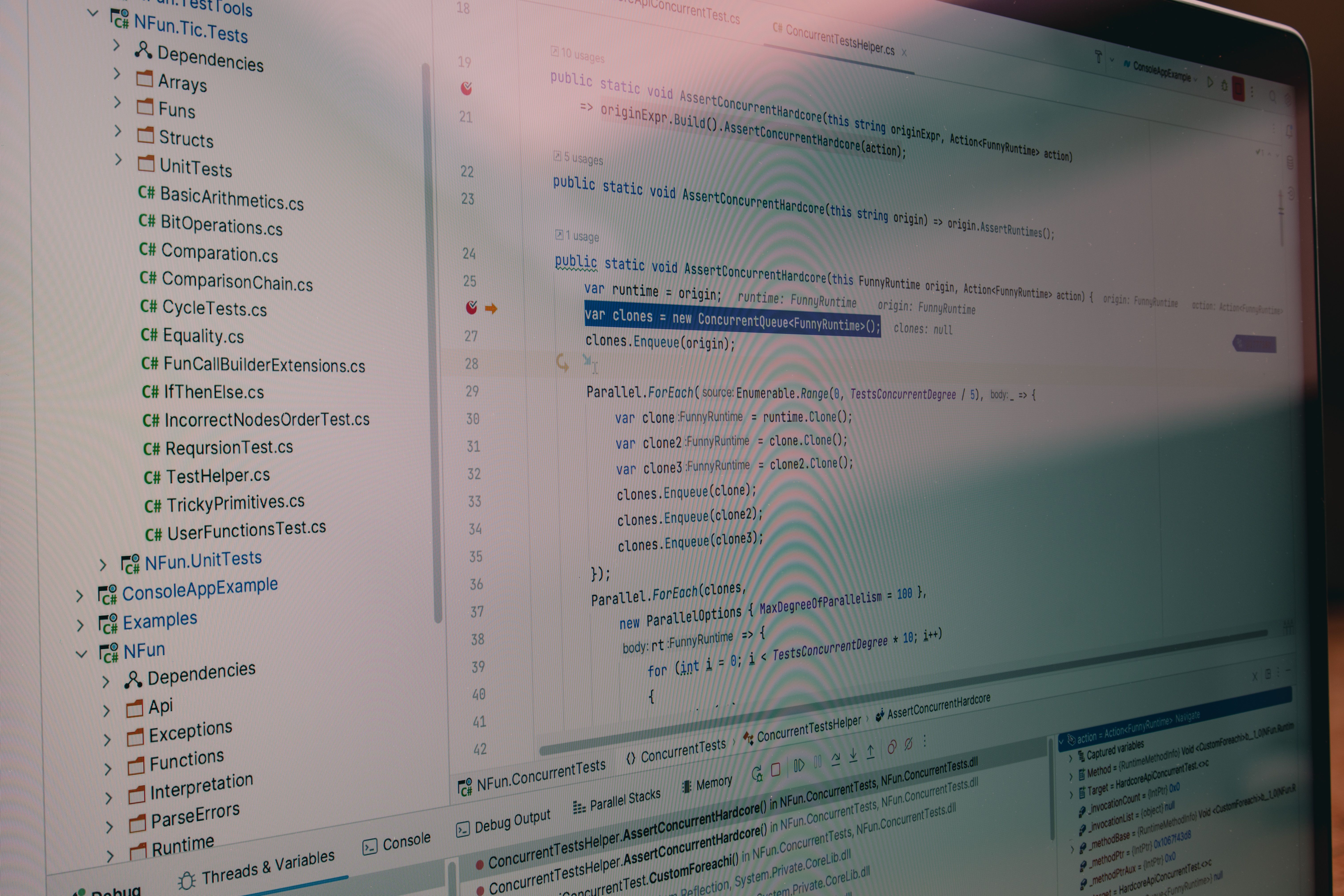 Detailed view of code and file structure in a software development environment.