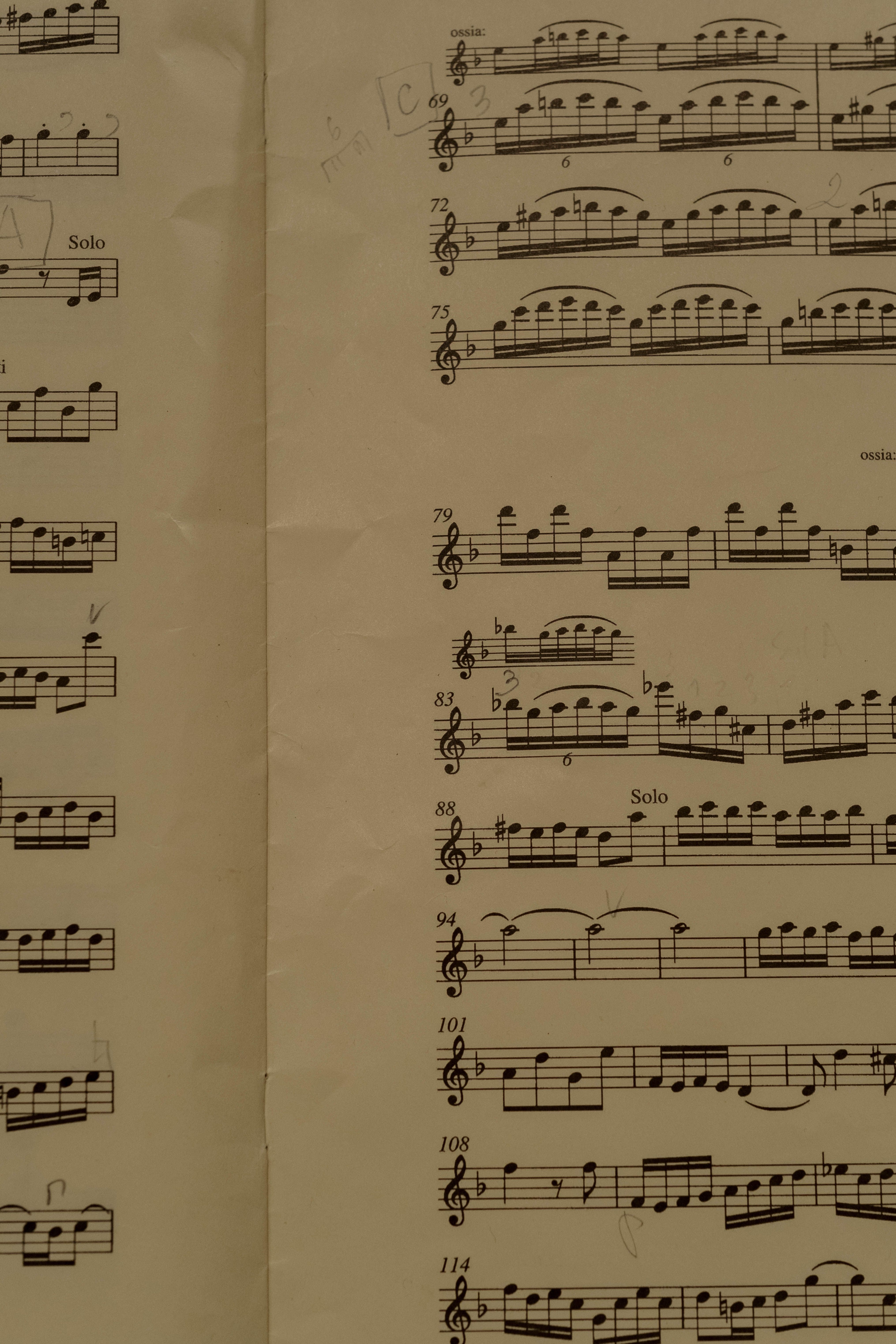 Detailed close-up of musical sheet music, highlighting notes and composition.